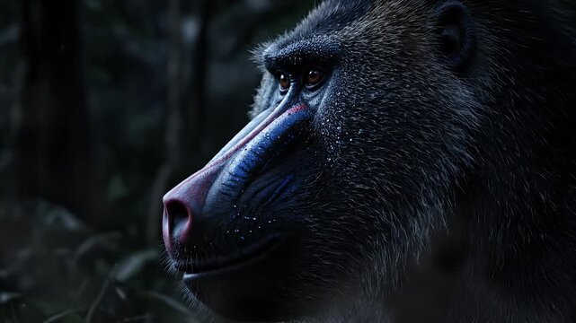 Dramatic Closeup Profile of a Wild Mandrill in Dark Jungle