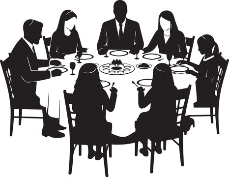 Family gathering at passover seder table with traditional holiday food vector silhouette illustration