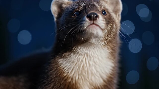 Wild Pine Marten Looking Closely at Camera at Night with Bokeh