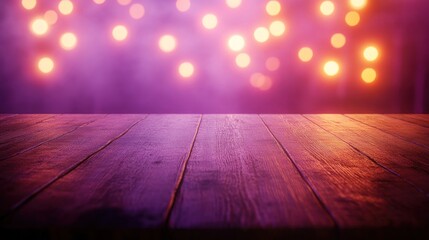Wood table, blurred lights