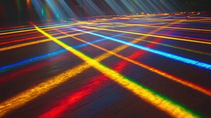 Colorful light beams on a wooden floor