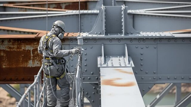 Professional male industrial painter in protective gear and safety harness spray painting a large steel bridge structure to prevent corrosion