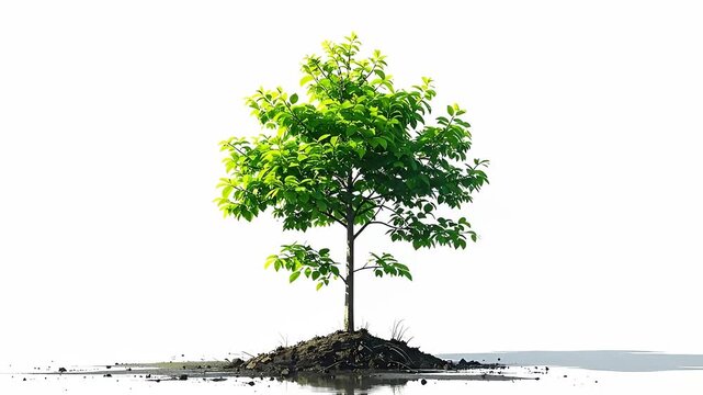 A young tree with vibrant green leaves is growing on a small mound of soil against white background.