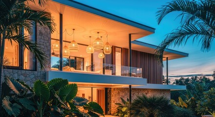 Fototapeta premium A modern, luxurious villa at dusk, featuring open design, warm lighting, and tropical foliage