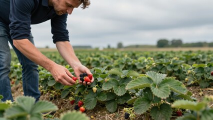 Fototapeta premium Dedicated Farmer Harvesting Fresh Strawberries and Blackberries from Lush Green Rows in an Expansive Agricultural Field Emphasizing Sustainable Farming and Quality Produce.