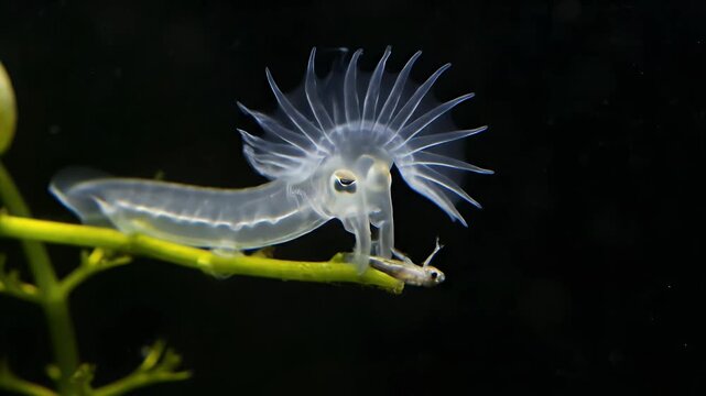 Strange Glass Cephalopod Larva Feeding on Plant in Dark Water