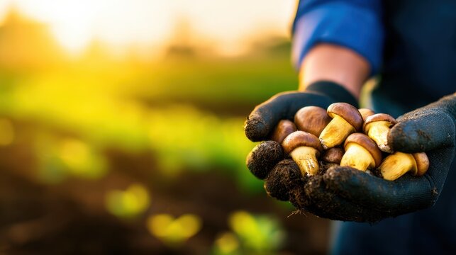 Autumn scene of gloved hands presenting brown acorns against a sunlit blurred field and warm bokeh. golden sun