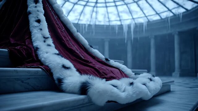 Majestic Royal Robe Draped on Icy Throne Steps in Abandoned Palace