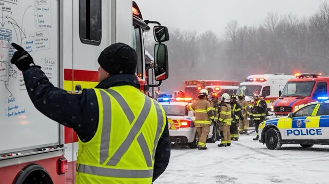 Emergency response team at a winter accident scene with firefighters police and paramedics coordinating rescue efforts in the snow