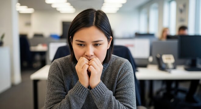Anxious Young Asian Woman Biting Her Nails in a Modern Office Setting, Feeling Stressed and Overwhelmed at Work