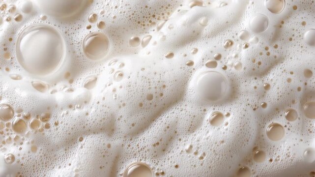 Macro view of creamy foam with rising bubbles and swirling froth texture in soft studio light