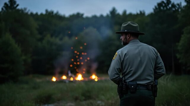 Back view of a male park ranger in uniform and hat watching a controlled burn or forest fire at dusk in a wooded area