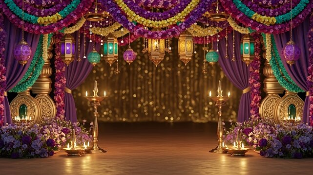 Luxury Indian Festival Stage Decoration with Colorful Drapes, Floral Garlands, and Glowing Lamps, Traditional Wedding and Diwali Celebration Background for Cultural Events, Ceremony Design