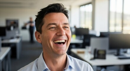 Obraz premium Portrait of a happy middle aged Caucasian businessman laughing in a modern office environment with blurred background