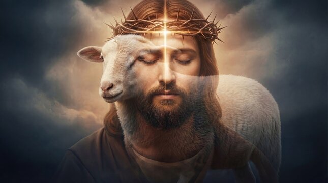 Jesus Christ with a crown of thorns and a lamb. Symbolism of Christ's sacrifice. Double exposure. Religious image of sacrifice and redemption for Easter.