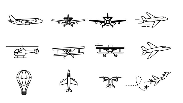 Various types of airplanes and jets.