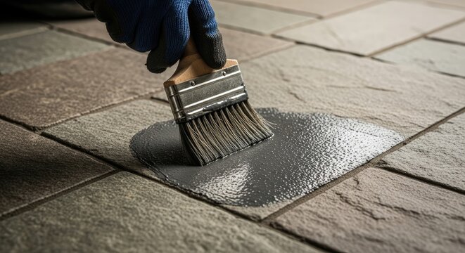 Gloved hand brushing durable protective coating on textured patio pavers outdoor improvement