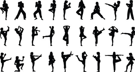 Martial arts training silhouettes set, karate kickboxing taekwondo poses, fighting practice fitness action, black human silhouette flat vector illustration © Creative Asif