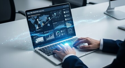 Naklejka na ściany i meble Hands on keyboard in modern office analyzing transport logistics and future mobility solutions.