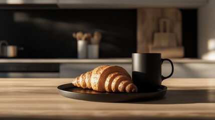 Croissant and coffee mug on wooden table