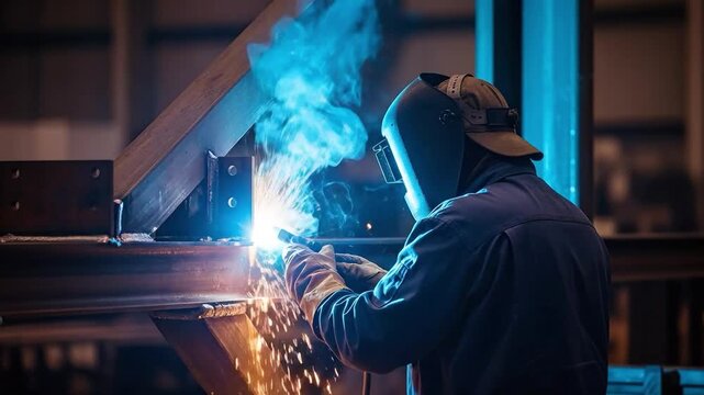 Professional male welder in protective gear and mask working on metal construction in industrial workshop with bright blue sparks and smoke