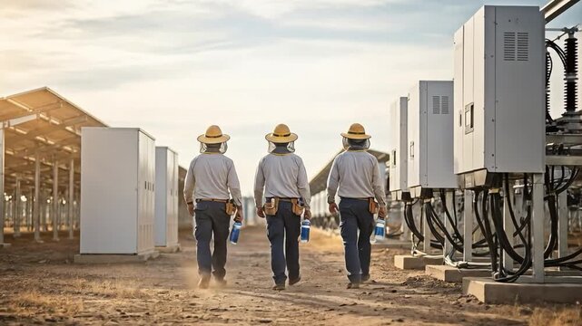 Three male solar farm technicians walking between rows of electrical equipment and battery storage units at a renewable energy facility during sunset