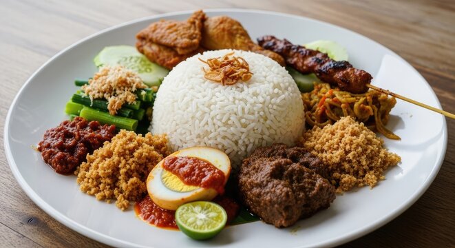 A plate of Indonesian nasi campur, a mixed rice dish, with various colorful side dishes