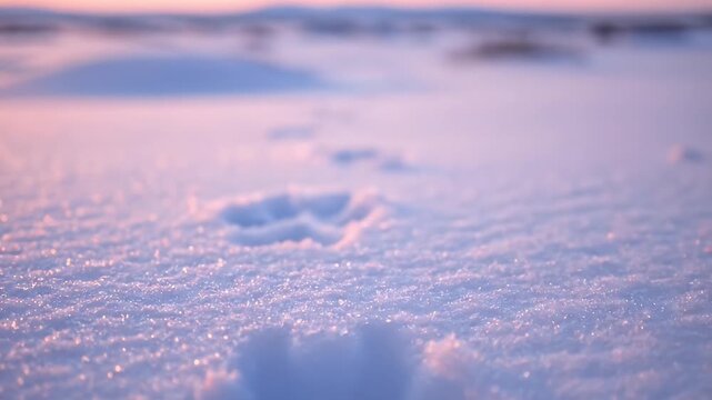 Close Up Wolf Paw Print Tracks in Sparkling Snow at Sunset