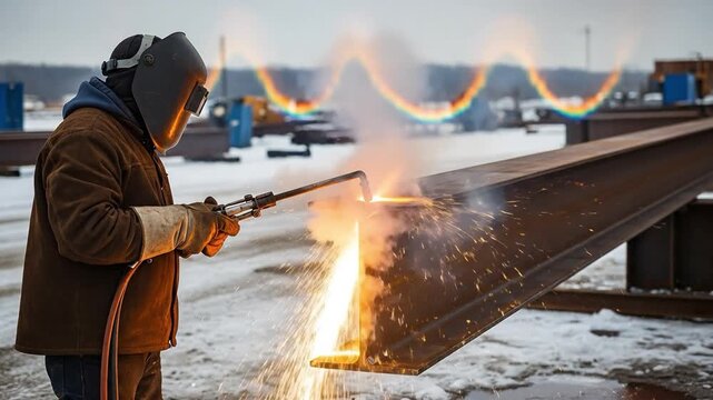 Professional Male Welder in Protective Gear Cutting a Large Steel I-Beam with a Torch at an Outdoor Construction Site in Winter