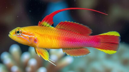 Obraz premium Vibrant yellow-orange fish with long dorsal fin swims near coral, underwater scene