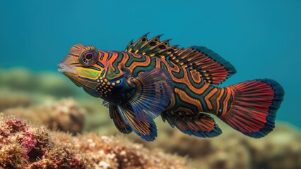 Obraz premium A vibrant mandarin fish showcasing intricate patterns in blues, oranges, greens, and yellows underwater