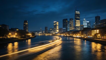 Obraz premium longexposure. A nighttime cityscape glows with lights reflecting on the river, captured in a long exposure effect. real-estate listings.