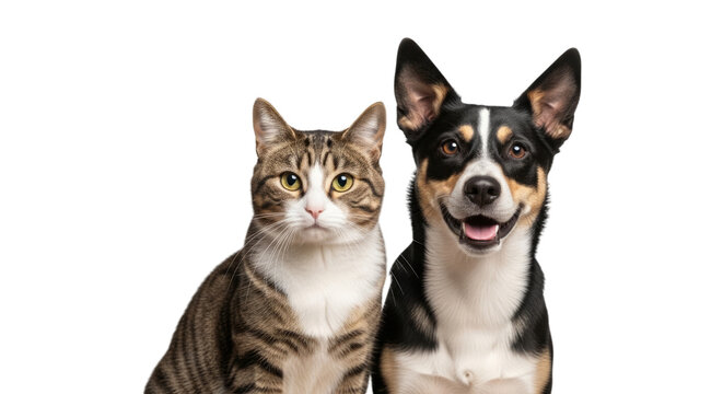 Tabby cat and black and white dog sitting together looking at camera isolated on a transparent background
