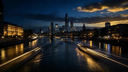 Fototapeta premium longexposure. A nighttime cityscape glows with lights reflecting on the river, captured in a long exposure effect. real-estate listings.
