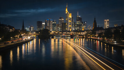 Obraz premium longexposure. A nighttime cityscape glows with lights reflecting on the river, captured in a long exposure effect. real-estate listings.