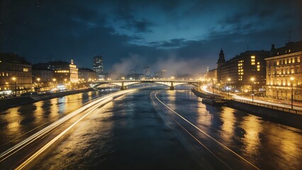 Obraz premium longexposure. A nighttime cityscape glows with lights reflecting on the river, captured in a long exposure effect. real-estate listings.