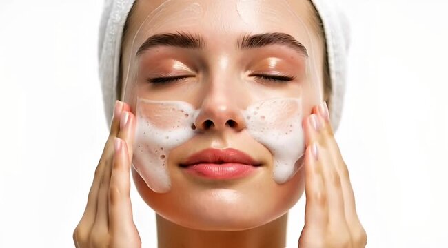 Gentle Skincare Ritual: A woman's serene face, adorned with cleansing foam, experiences a moment of mindful skincare. She's enveloped in a tranquil atmosphere.