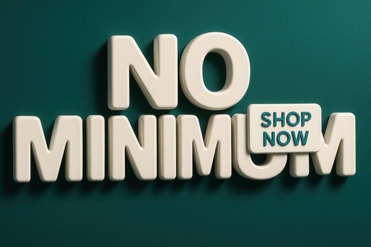 Promotional banner featuring NO MINIMUM and SHOP NOW offer, glossy modern style, appealing retail discount promo.