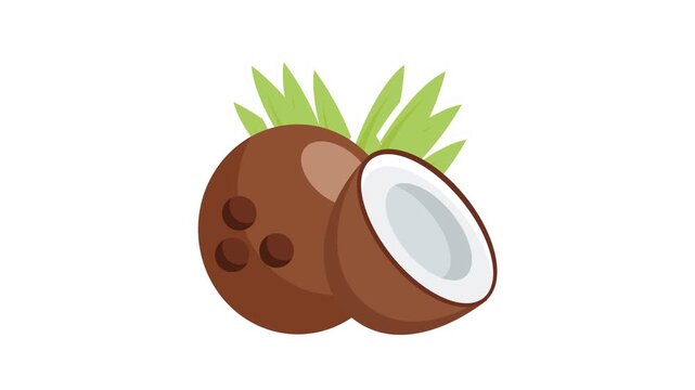  Vector illustration of a coconut, showcasing its brown shell and green fronds, set against a white background.