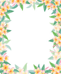 Obraz premium Watercolor rectangular tropical frame with plumeria flowers isolated on white. Hand-drawn exotic floral border with frangipani blossoms. Botanical template for greeting cards, posters, wedding design.