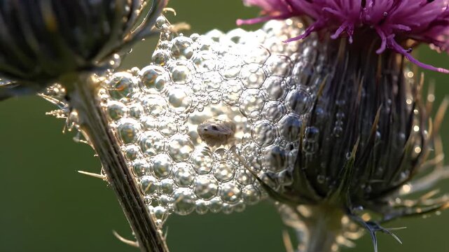 Spittlebug Insect Hiding in Cuckoo Spit Foam on a Backlit Thistle