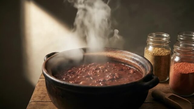 chili pot. A rustic pot of steaming chili sits atop a wooden table, surrounded by jars of spices. The warm steam rising creates an inviting atmosphere, enhancing the culinary scene