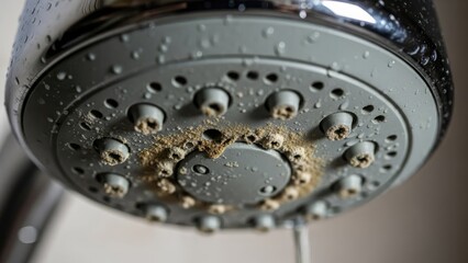 Close-up of a shower head with mineral deposits and water droplets