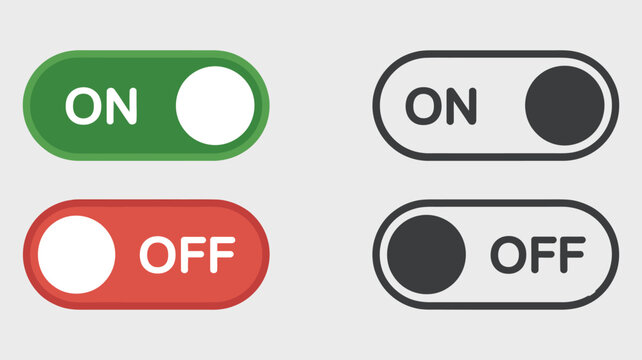 Toggles On and Off Green and Red Buttons, black and white variations, vector UI controls, switch icons, interactive interface elements for web and mobile applications.
