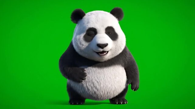 A 3D animated panda bear stands on green screen background