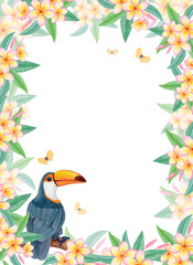 Obraz premium Watercolor rectangular tropical frame with toucan on branch, plumeria flowers and butterflies isolated on white. Vertical floral border with exotic bird and frangipani blossoms for botanical designs.