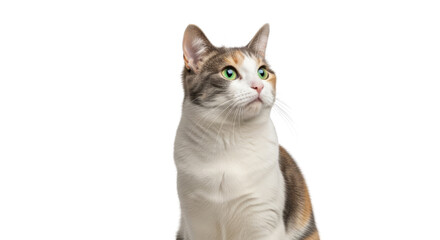 Fototapeta premium Calico cat with green eyes looking up attentively isolated on a transparent background