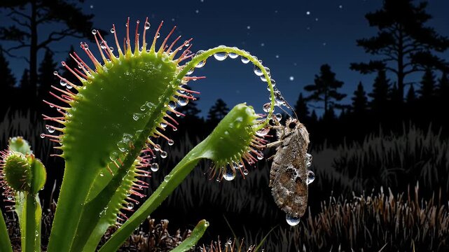 Venus Flytrap Traps Moth at Night with Sticky Dew Drops and Stars