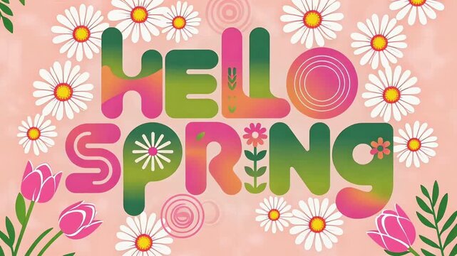 Hello Spring animation video with abstract floral icons, and minimalist spring patterns