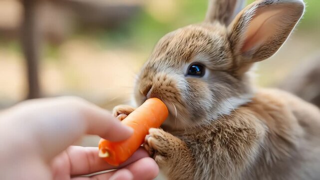Adorable baby rabbit being hand-fed a carrot outdoors close up shot